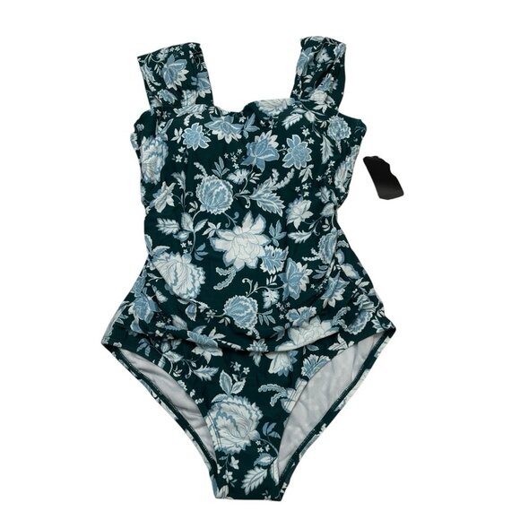 Jantzen Swimsuit Womens 8 Green Floral One Piece Preppy Beach Vacation Tropical - Picture 1 of 5